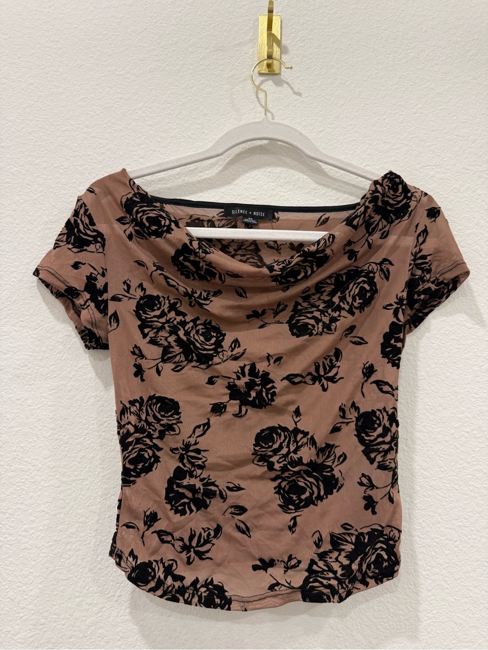 silence + noise Dusty Rose Short Sleeve Floral Draped Neck Top